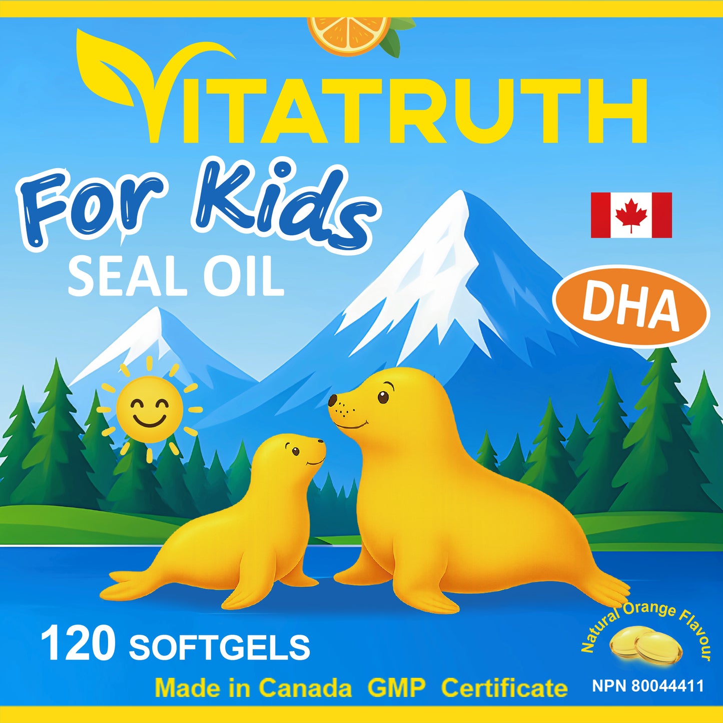 Vitatruth Premium Kids Seal Oil Softgels – Natural Orange Flavor (120 Count)
