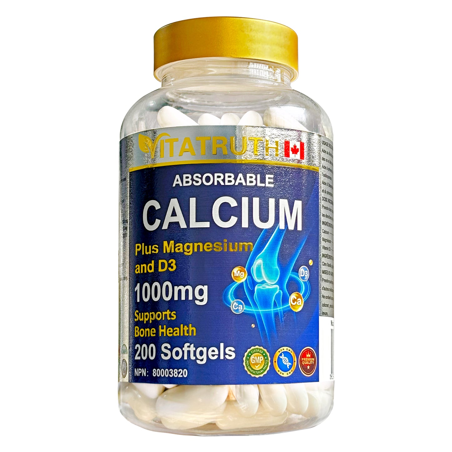 Vitatruth Liquid Calcium Carbonate 1000mg | Plus Magnesium & D3 for Bone & Joint Support | Made in Canada | 200 Softgels