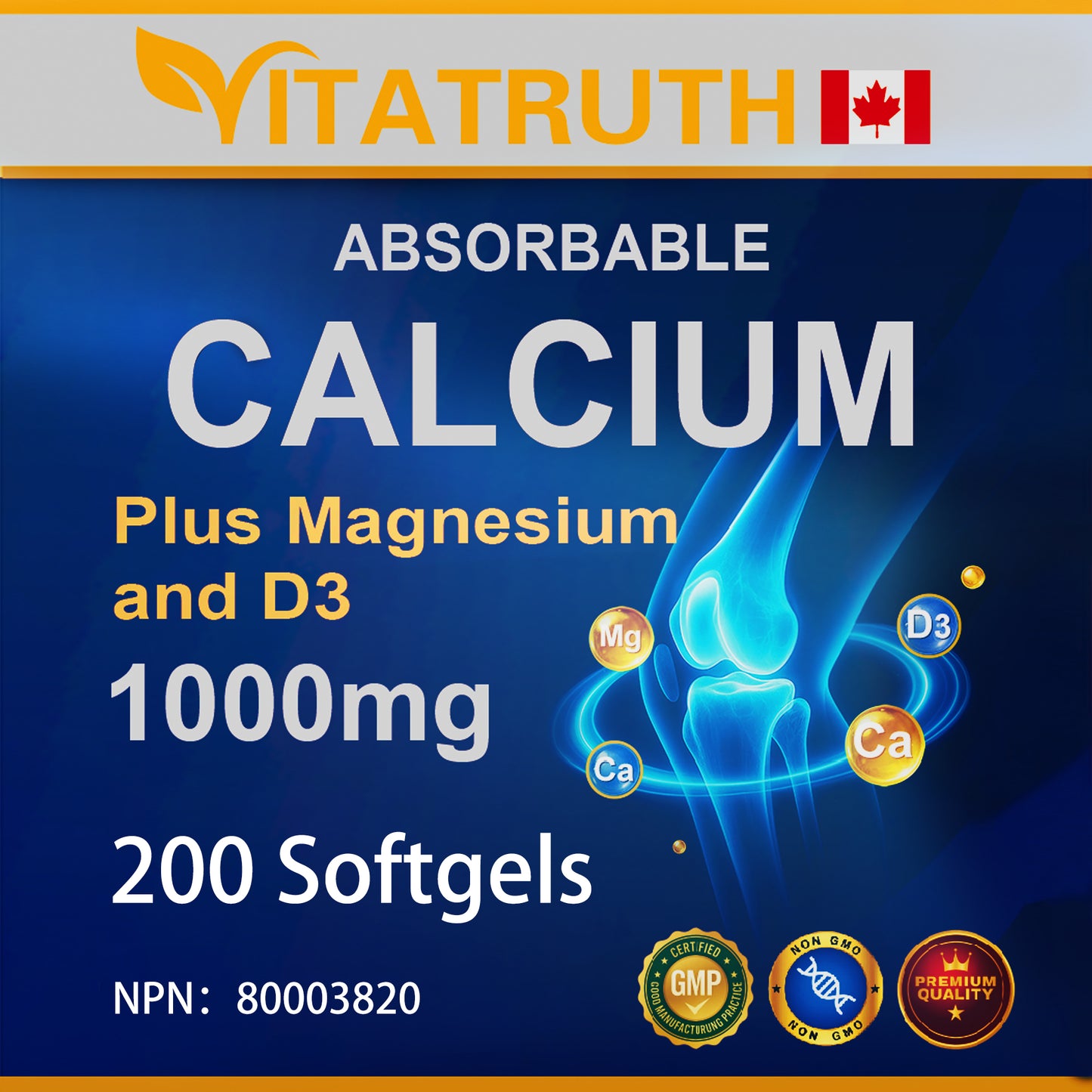 Vitatruth Liquid Calcium Carbonate 1000mg | Plus Magnesium & D3 for Bone & Joint Support | Made in Canada | 200 Softgels