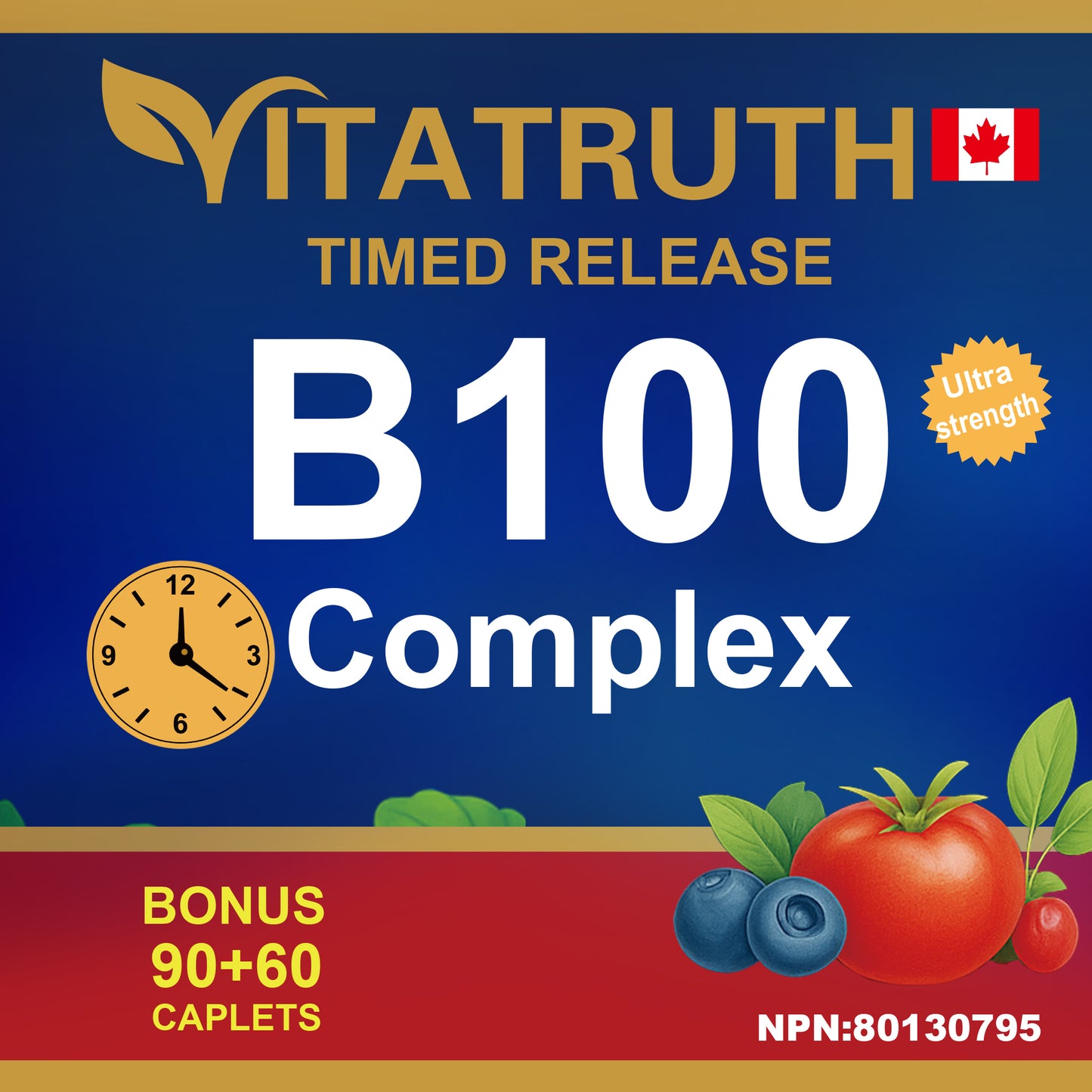 Vitatruth Vitamin B100 Complex Taplets, Timed Released, Ultra Strength, Naturally Energizing, and Supports Metabolism.