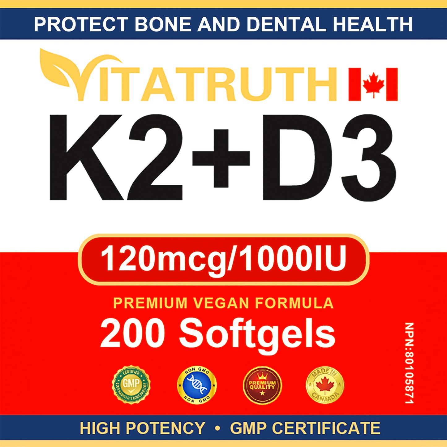 Vitatrtuh Vitamin K2+D3, 120mcg/1000IU, Premium Vegan Formula, 200 Softgels, Supports Bone and Heart Health
