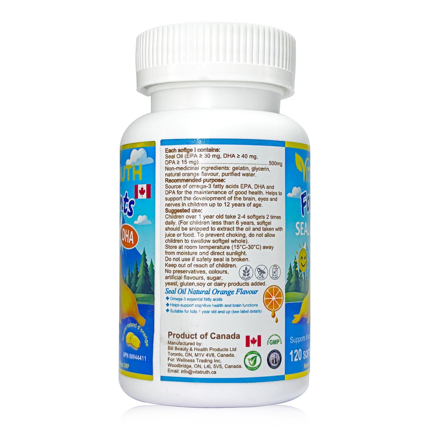 Vitatruth Premium Kids Seal Oil Softgels – Natural Orange Flavor (120 Count)